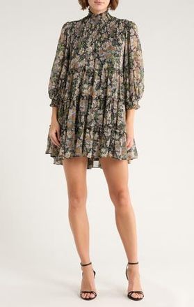 Cinq à Sept Cosmo Flowers Long Sleeve Babydoll Dress in Black/London Fog at Nordstrom Rack, Size 0