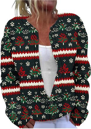 Generic Christmas Cardigans for Women UK Elegant Retro Printed Ribbed Knit Coat Ladies Novelty Xmas Colourful Print Cardigans Soft Knitted Jumper Sweater Wome