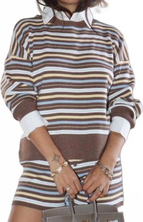 Bailey Rose Striped Knit Collared Shirt And Knit Flare Pant Set In Brown Multi