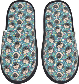 Generic Pug Head And Flower Unisex Slippers Fuzzy House Slippers Cosy House Shoes For Outdoor Bedroom Winter L