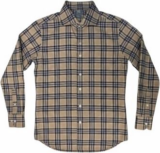 Finamore Mens Napoli Long Sleeve Shirt In Taupe/blue Plaid