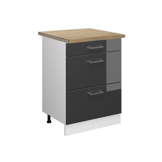 Vicco Mueble Bajo De Cocina R-line, Antracita Alto Brillo, 60 Cm Con Cajones, Et Roble