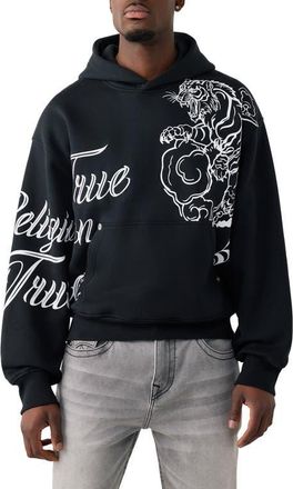 True Religion Tiger Script Boxy Hoodie in Jet Black at Nordstrom, Size Xxx-Large