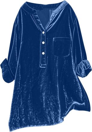 Generic Womens Autumn Winter Velvet Shirts Retro Long Sleeve V Neck Sexy Blouses Work Business Formal Shirt (Dark Blue, XXL)