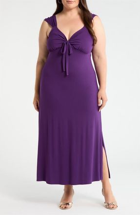 Loveappella Tie Front Jersey Maxi Dress in Dark Purple at Nordstrom, Size 3X