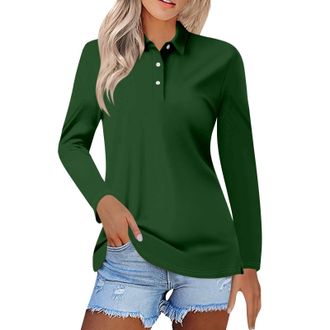 Generic Green Womens Long Sleeve Polo Shirts Lady-fit Golf Tennis Quick Dry Lightweight Top UPF 50+ Sun Protection Gym Active Sports Shirt with 3 Buttons Casu