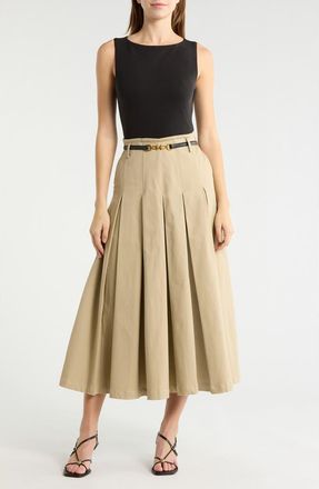 Avec Les Filles Mixed Media Pleated Dress in Black And Khaki at Nordstrom, Size 10