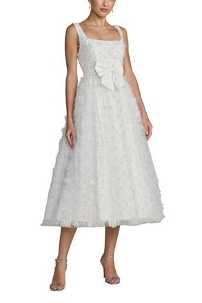 Mac Duggal Embellished Tulle Midi Dress with Satin Bow in Ivory at Nordstrom, Size 14