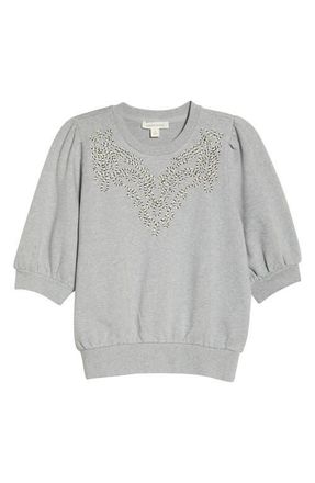 Treasure & Bond Embroidered Puff Sleeve Sweatshirt in Grey Heather Embroidery at Nordstrom, Size Xx-Small