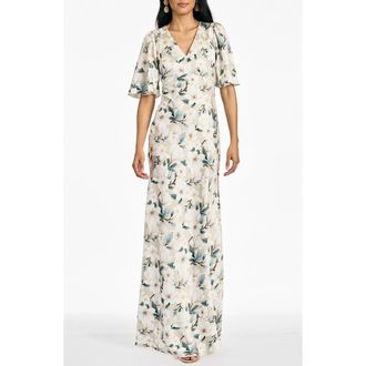 Sachin & Babi Mae Floral Flutter Sleeve Gown in Champagne Magnolia at Nordstrom, Size 18W