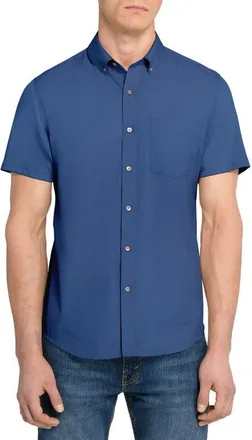 W.R.K Hudson Reworked Slim Fit Solid Short Sleeve Cotton Button-Up Shirt in Med Blue at Nordstrom, Size Xx-Large