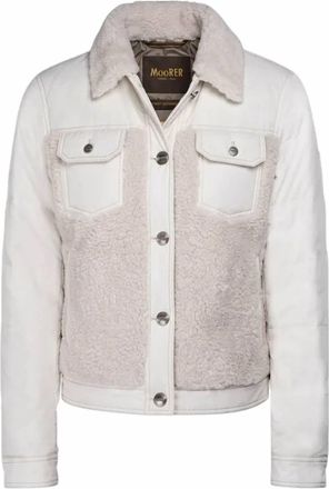 Moorer Womens Faux Shearling Twill Trucker Denim Jacket In Ecru