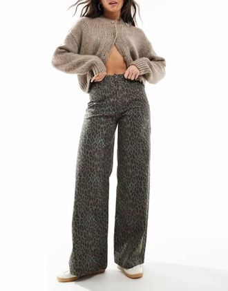 Object extreme wide leg jeans in green leopard print