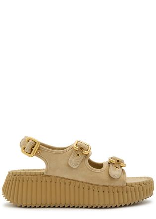 Chlo&eacute; Nama Whipstitched Suede Wedge Sandals - Sand - 40 (IT40 / UK7)