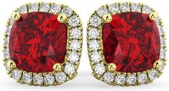 Allurez Halo Cushion Lab Ruby & Diamond Earrings 14k Yellow Gold (4.04ct)
