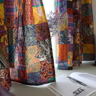 No Brand Cortinas Bohemias Vintage Coloridas De Patchwork De Algod&oacute;n Y Lino Con Bolsillo Para Barra, Panel De Cortina Est&eacute;tico Para Ventana, Cortina Boho Para 