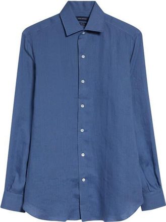 Thom Sweeney Linen Button-Up Shirt in Denim Blue at Nordstrom, Size 15.5