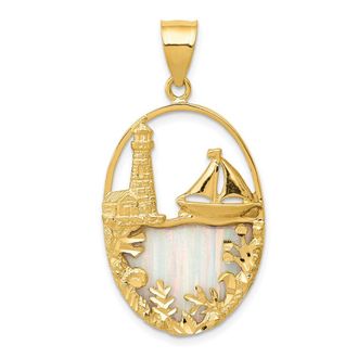 Diamond2Deal 14k Yellow Gold Lab Created Opal Lighthouse Sailboat Pendant