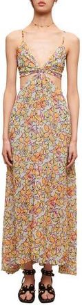 Maje Rawaiene Floral Print Cutout Dress in Imprime Hibiscus Orange/bleu at Nordstrom Rack, Size 1 (Fits Like 2-4 Us) / 36 Eu