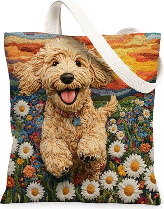 Generic Spring Cairn Terrier Dog Canvas Tote Bag for Shopping 13x15, Knitting Style Garden Puppy Reusable Grocery Print Bag for Women, Fun Pet Beach Aesthetic