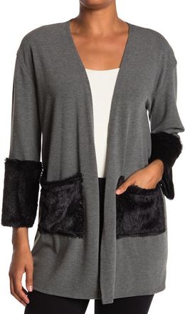 Go Couture Long Sleeve Double Stitch Faux Fur Cardigan in Charcoal Bttm Black at Nordstrom Rack, Size X-Large