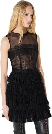 Elisabetta Franchi Mini jurk in Cr&ecirc;ponne en bloemenkant - Dames - Feestkleedjes - Zwart - S - Leer - Kleedjes