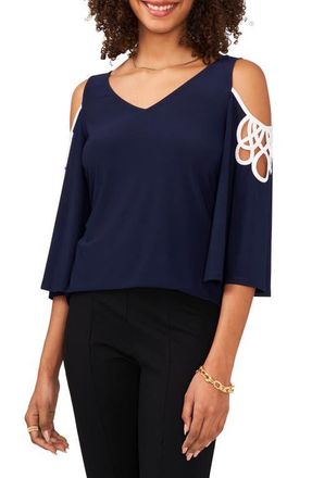 Chaus Cold Shoulder Three-Quarter Sleeve Blouse in Navy/white at Nordstrom, Size X-Large