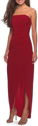 La Femme Long Strapless Jersey Dress with Side Ruching in Red at Nordstrom, Size 14