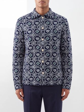 Casablanca Jacquard Monogram Cotton Cardigan with Classic Collar