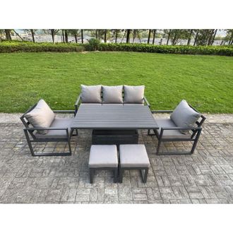 Fimous Fimous 6-Piece Aluminium Garden Furniture Sets 7 Seater Outdoor Sofa Set with Adjustable Rising Lifting Dining Table 2 Chairs 2 Small Footstools