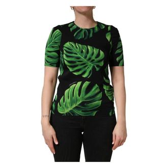 Dolce & Gabbana T-Shirts, female, Green, Size: 2XS Philodendron Print Silk Blouse
