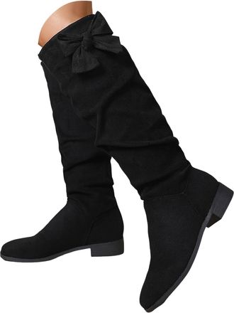 Generic Suede Knee High Boots for Women Uk Faux Suede Slouchy Long Boots with Side Zip Buckle Strap Wide Calf Knee High Boot Wide Calf Chunky Block Low Heels 