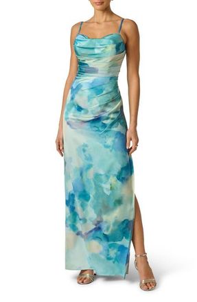 Adrianna Papell Watercolor Print Satin Maxi Dress in Blue Multi at Nordstrom, Size 10