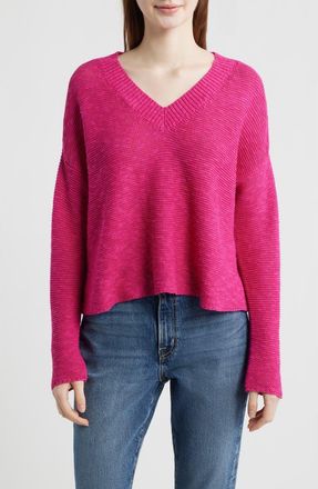 Eileen Fisher Organic Linen & Organic Cotton V-Neck Sweater in Fuchsia at Nordstrom, Size Xx-Small