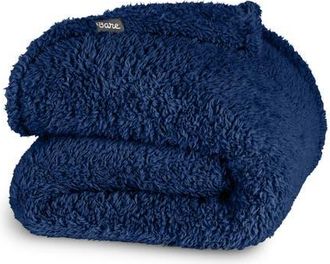 Bare Home Solid Faux Shearling Blanket in Dark Blue at Nordstrom, Size King