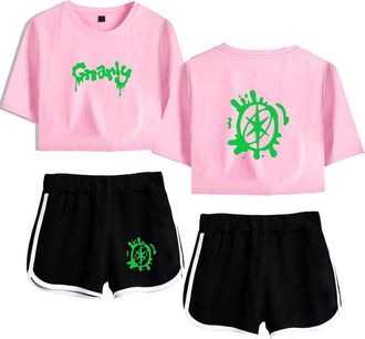 Generic Katseye Merch Gnarly Tops for Women Midriff-Baring Fitted Crop Sets Gym Shirt Streetwear Short Pants (7,M)