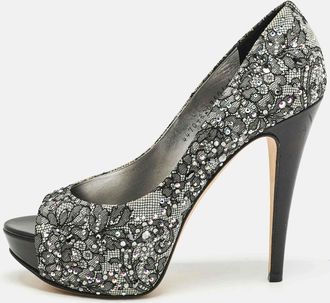 Gina Grey/black Lace Crystal Embellished Open Toe Platform Pumps