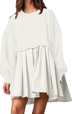 Generic Sweatshirt Dress Women Oversized Patchwork Crewneck Long Sleeve Pullover Tops Fall Outfits Trendy Casual Flowy Pleated Sweatshirt Mini Dress Y2K Hoodi