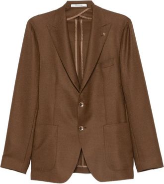 Tagliatore Jassen, Heren, Bruin, M, Leer, Peaked Lapel Blazer