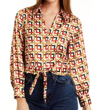 Drew Lottie Printed Tie Front Blouse In Retro
