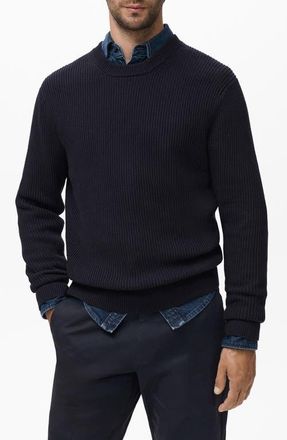 Mango Fine Rib Knit Cotton Crewneck Sweater in Navy at Nordstrom, Size Large