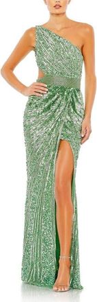 Mac Duggal Sequined One Shoulder Draped Lace Up Gown in Sage at Nordstrom, Size 16