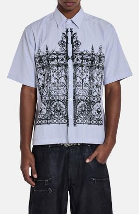 Jaded London Overprinted Pinstripe Short Sleeve Graphic Button-Up Shirt in Grey at Nordstrom, Size Xx-Large