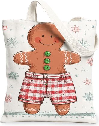 Generic Gingerbread Man Canvas Tote Bags, Festive Holiday Print Reusable Grocery Bags, Lightweight Washable Shoulder Strap Canvas F, White, 13x15 Inch