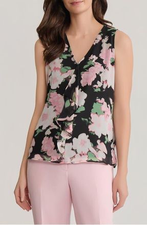 Kasper Floral Cascade Ruffle Sleeveless Top in Black Multi at Nordstrom, Size X-Large