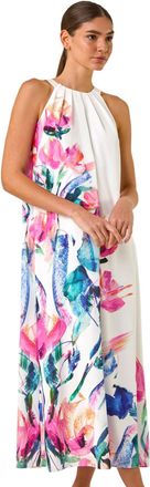 Roman Womens Floral Placement Halter Neck Midi Dress - Pink - Size 10 UK