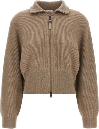 Brunello Cucinelli Brown Knitted Shirt Collar Cardigan