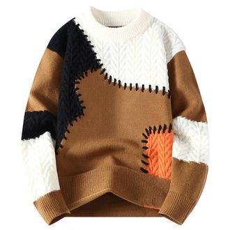 Generic Knitted Jumper Mens Patchwork Color Block Jumpers Vintage Cable Knit Sweater Round Neck Knit Sweaters Causal Loose Sweatshirts Thermal Long Sleeve Top