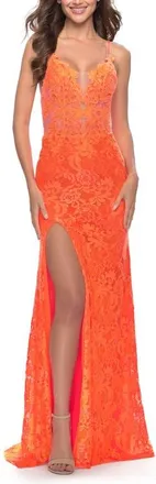 La Femme Stretch Lace Prom Dress in Neon Pink in Orange at Nordstrom, Size 00