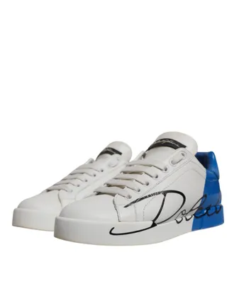 Dolce & Gabbana Womens White Blue Logo Portofino Sneakers Shoes And Calfskin Leather